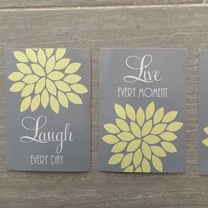 Three gray, white and yellow digital prints